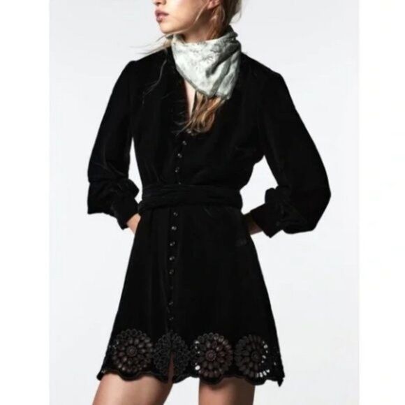 Zara Black Velvet Embroidery Mini Dress Long Sleeve Size XS NWT - Picture 1 of 16
